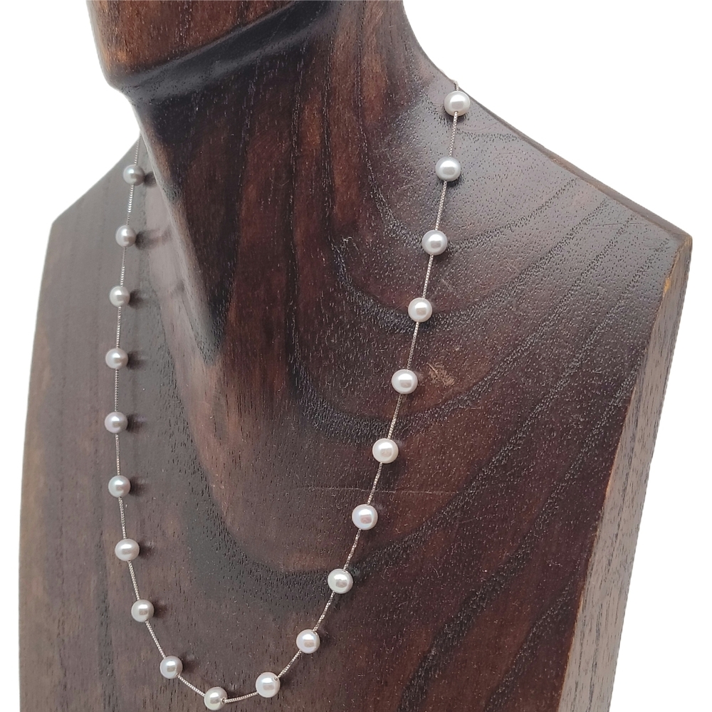 14k/585 White Gold Pearl Station Necklace Box Link Chain 17" - Picture 2 of 7